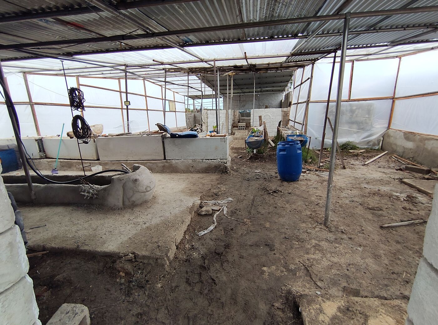 The inside of the main hall at Tierra de Sueños, early in the rebuild. A dolphin sculpture in the foreground, aquaponics tanks under construction in the background.